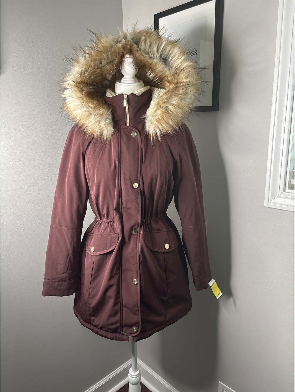 Fleet Street Women's Burgundy Parka Jacket with Faux Fur Hood